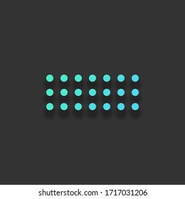 Digital dotted minus, negative symbol. Colorful logo concept with soft shadow on dark background. Icon color of azure ocean