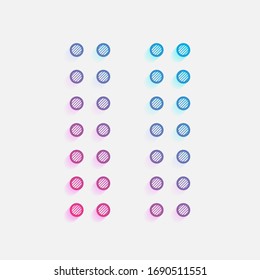 Digital dotted pause symbol. Colored logo with diagonal lines and blue-red gradient. Neon graphic, light effect