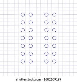 Digital dotted pause symbol. Hand drawn picture on paper sheet. Blue ink, outline sketch style. Doodle on checkered background