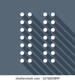 Digital dotted pause symbol. White flat icon with long shadow on blue background