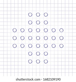 Digital dotted plus, positive or medical symbol. Hand drawn picture on paper sheet. Blue ink, outline sketch style. Doodle on checkered background