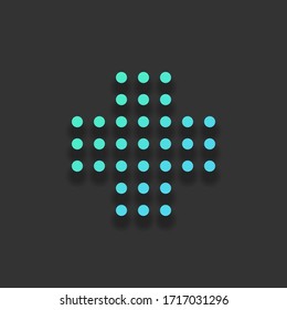 Digital dotted plus, positive or medical symbol. Colorful logo concept with soft shadow on dark background. Icon color of azure ocean