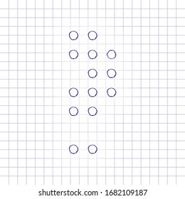 Digital dotted question mark, faq symbol. Hand drawn picture on paper sheet. Blue ink, outline sketch style. Doodle on checkered background
