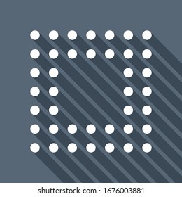 Digital dotted stop symbol, square shape. White flat icon with long shadow on blue background