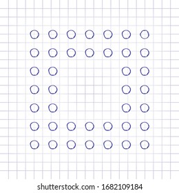Digital dotted stop symbol, square shape. Hand drawn picture on paper sheet. Blue ink, outline sketch style. Doodle on checkered background