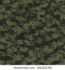 Digital dotted triangle geometric camouflage seamless pattern. Abstract modern geometric endless military pixel camo texture for fabric and fashion print background. Vector illsutration.
