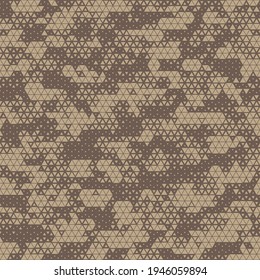 Patrón transparente de camuflaje geométrico triangular digital punteado. Resumen de textura moderna geométrica interminable de camo de píxeles militares para tela y fondo de impresión de moda. Ilustración vectorial.