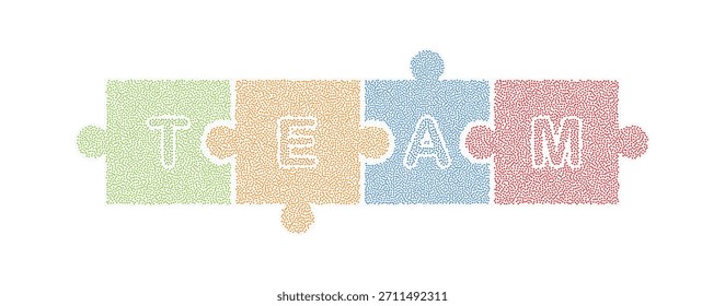 Digital dotted vector puzzle with TEAM text concept showing teamwork collaboration and connection. Color puzzle pieces represent interaction cooperation and shared media solutions for business.
