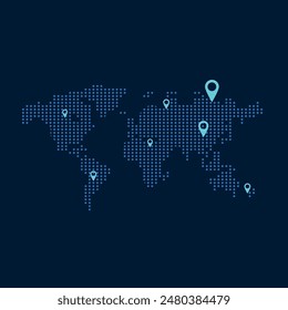 Digital Dotted World Map with Location Markers on Dark Background