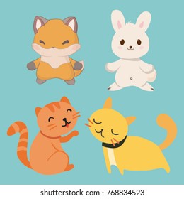 digital draw set of illustrated animals contains fox, bunny, and a pair of cats