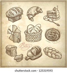 digital drawing bakery icon set on grunge paper background