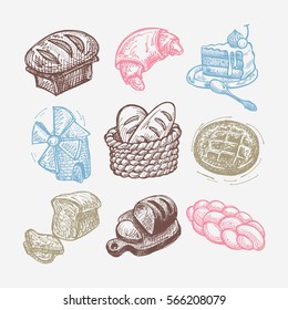 digital drawing bakery icon set, sketchy vector illustration collection