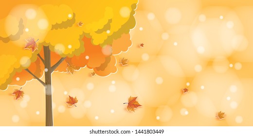 Digital drawing of big tree in autumn season. All are in yellow and orange color tone with beautiful light and bokeh and maple leaves 