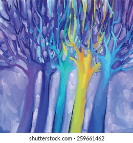 digital drawing with blue, violet and yellow trees
