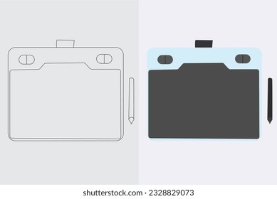 Digital drawing board graphic tablet flat vector image and line art set.