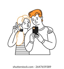 Digital drawing of a cheerful couple taking a selfie with a smartphone. One of them is making a peace sign. The background is simple and white, highlighting their expressions.