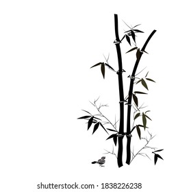 Digital drawing, Chinese brush painting style, vector illustration of bamboo branches and leaves and a bird isolated on white background with copy space for text poem card note with copy space