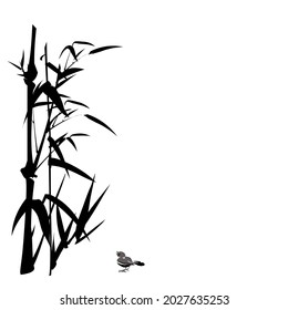 Digital drawing, Chinese brush painting style, vector illustration of bamboo branches and leaves and a bird on left isolated on white background with copy space for text haiku poem note or card 