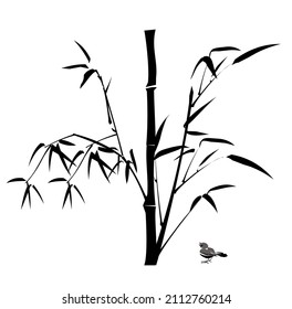 Digital drawing, Chinese brush painting style, vector illustration of bamboo branches and leaves and a bird on left isolated on white background with copy space for text haiku poem note or card