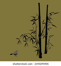 Digital drawing, Chinese brush painting style, vector illustration of bamboo branches and leaves and a bird on left isolated on gold color background with copy space for text haiku poem note or card