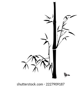 Digital drawing, Chinese brush painting style, vector illustration of bamboo branches stems and leaves and a bird isolated on white background with copy space for text haiku poem note or card