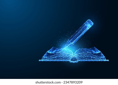 Digital drawing, creative writing using advanced AI powered technologies futuristic concept with open notebook and pencil in glowing polygonal style on blue background. Abstract vector illustration