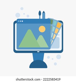 Digital drawing with electronic tools and equipment. Color palette, Creativity concept. Modern Flat Illustration.
