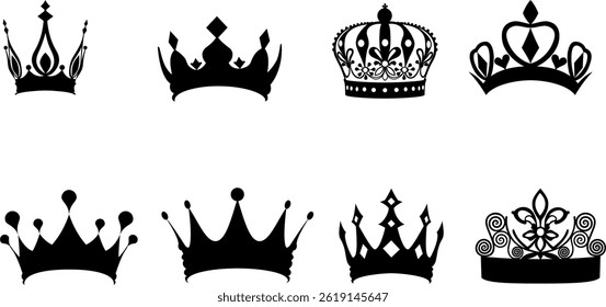 Digital drawing featuring eight black silhouette crowns on a white background