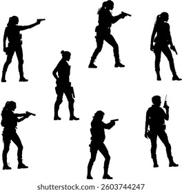 A digital drawing featuring seven black silhouettes of female secret agents in various action poses against a white background.