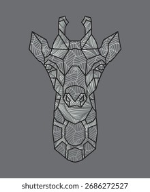 A digital drawing of a giraffe's head, composed of geometric shapes and lines in shades of grey, Isolated on a dark grey background.