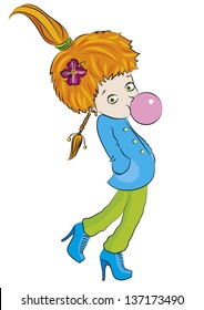 A digital drawing of a girl with a bubble gum, idly walking around.