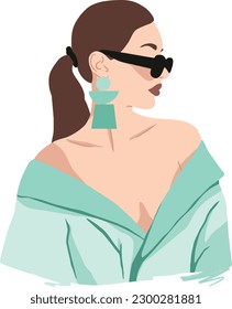 digital drawing of a girl in an off-the-shoulder blouse with sunglasses and fashion accessories on a transparent background in pastel colors