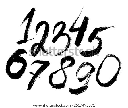 Digital drawing of grunge brush drawn numbers from 0 to 9. Dirty painted number set.