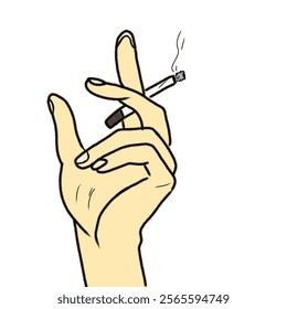 Digital drawing of a hand holding a smoking cigarette, showcasing details of the hand form. Minimalist and modern depiction ideal for discussions on smoking, lifestyle choices, or creative projects.