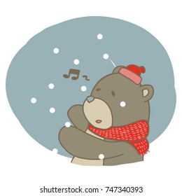 Digital drawing of happy lonely bear with snow falls on Christmas holiday. Drawn on smartphone without reference.