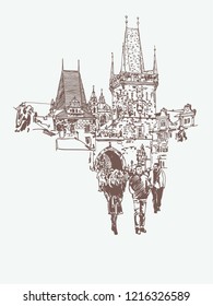 digital drawing of a historical tower in Prague, Czech Republic, vector illustration