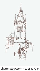 digital drawing of a historical tower in Prague, Czech Republic, vector illustration