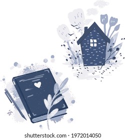 Digital drawing icons pictorial blue book, pen and twigs, a house with smoke coming from a chimney and beautiful flowers on the background of a picture for a story or an illustration in a book