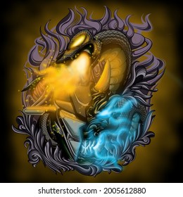 Digital drawing illustration dark fire snake and monster character