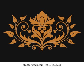 A digital drawing of an intricate, symmetrical, ornate floral pattern in a warm, golden brown color. The design features a large central flower with a detailed, curling stem and leaves.