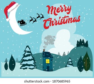 Digital drawing of Merry Christmas 2020. Vector print for Christmas cards with winter tree, Claus on a sleigh, house and texture, snow and the moon