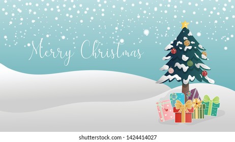 Digital drawing of Merry Christmas with pine tree and xmas decorations. Make it smooth with fluffy snow. Propose using for website, banner, wallpaper background, and digital card.