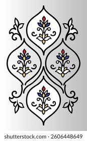 A digital drawing in a minimalist style, featuring a central motif of four stylized, symmetrical, teardrop shapes arranged in a diamond pattern.