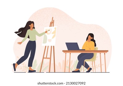 Digital drawing and painting on canvas concept. Woman holds brush in her hands and draws beautiful landscape, or sits at computer and creates digital illustrations. Cartoon flat vector illustration