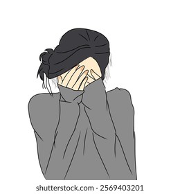 Digital drawing of a person hiding their face with hands wearing a gray sweater, conveying feelings of emotion or shyness. An introspective and artistic representation in minimalist line art style.