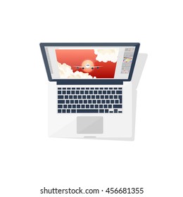 Digital drawing. Personal computer, laptop. Graphics and web design. Flat style. Vector illustration.