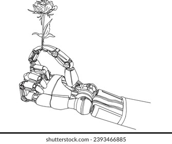 Digital Drawing of Robot Hand with Rose Illustration, Embrace the Future with Robot Hand Holding Rose Vector Illustration, Techy Love Story: Robot Hand Holding a Digital Rose Illustration