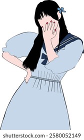 A digital drawing showcasing a woman standing in a blue outfit, partially obscuring her face with her hand, with stylized details portraying a unique expressive pose and artistic fashion.