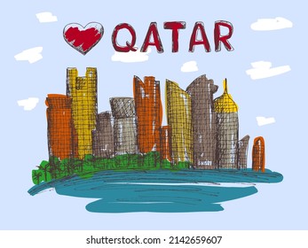 Digital drawing sketch image panorama of the capital Doha, Qatar.Architecture of city,skyscraper,cityscape.
Tourism eps design template for 
banner,souvenir, t-shirt print, logo,label,placard