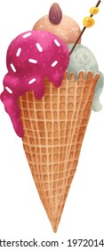 Digital drawing sweet ice cream with three balls a nut and a toothpick with yellow balls